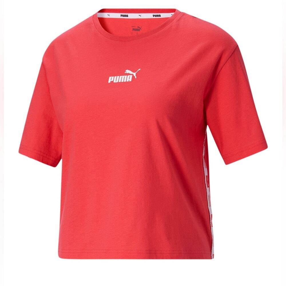 NWT Puma T-Shirt Power Cropped Pink Short Sleeves Side Logo Stripe Cotton Large